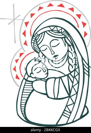 Digitale Illustration oder Zeichnung der Jungfrau Maria mit Baby Jesus im indigenen Stil Stock Vektor