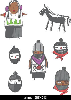 Digitale handgezeichnete Vektorgrafik oder Zeichnung einiger mexikanischer zapatistischer indigener Figuren Stock Vektor