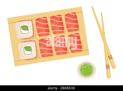 Set von Brötchen mit Lachs auf einem Holzstab. Japanisches Essen mit Lieferung. Stock Vektor