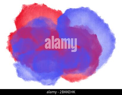 Aquarellspritzer in kräftigen Rot- und Blautönen. Farbwolken auf weißem Hintergrund isoliert. Digital generiertes Aquarell. Stockfoto