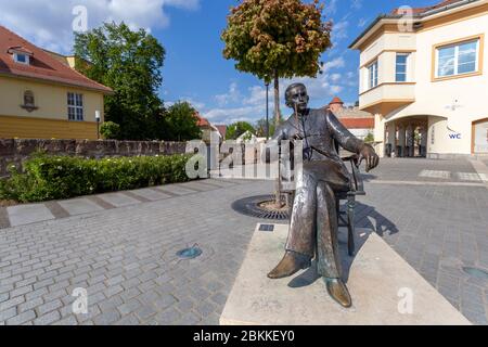Eger, Ungarn - 04 26 2020: Statue von Geza Gardonyi in Eger, Ungarn mit der Burg im Hintergrund an einem Frühlingsnachmittag. Stockfoto