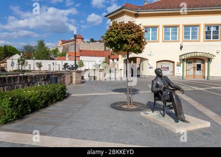 Eger, Ungarn - 04 26 2020: Statue von Geza Gardonyi in Eger, Ungarn mit der Burg im Hintergrund an einem Frühlingsnachmittag. Stockfoto