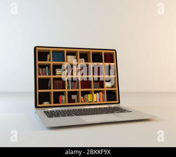 Bibliothek in Laptop-Bildschirm, Online-Bibliothek realistische 3D-Rendering Stockfoto