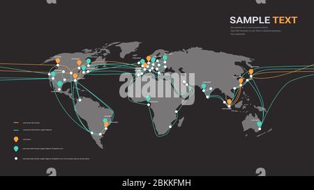 Global Netzwerk Kabelverbindungen und Informationen Transfer System Welt Karte Technologie Internet-Verbindung Telekommunikation Konzept Infografik horizontal kopieren Raum Vektor Illustration Stock Vektor