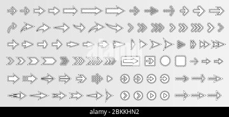 Pfeile große Sammlung, mit Rändern und Schatten, Vektor-Symbol gesetzt. Papier monochrome Sticker Pack. Einfache Design-Vorlage für Web, Werbung, Business Stock Vektor