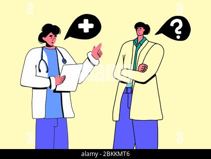 Gespräch mit zwei Erwachsenen. Senior Patienten Mann. Warten Arzt Termin für die Gesundheitsversorgung. Cartoon Flache Vektor Illustration. Linienart. Stock Vektor