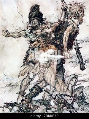 Fasolt greift Freia plötzlich an und zieht sie mit Fafner - Szene aus das Rheingold - Arthur Rackham, um 1910 zur Seite Stockfoto