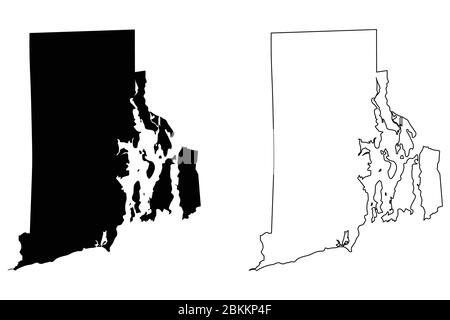 Rhode Island RI-State Maps. Schwarze Silhouette und Umriss isoliert auf weißem Hintergrund. EPS-Vektor Stock Vektor