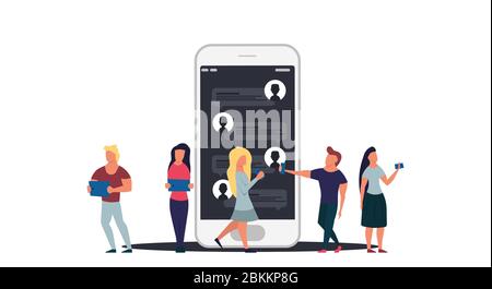 Menschen online Chat Netzwerk Konzept Illustration Kommunikationstechnologie. Mobile Social-Media-Nachricht mit Mann und Frau-Verbindung, Gruppenanruf-Anwendung Stock Vektor