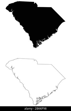 South Carolina SC State Maps. Schwarze Silhouette und Umriss isoliert auf weißem Hintergrund. EPS-Vektor Stock Vektor