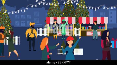 Weihnachtsmarkt Shop Vektor Winter Karte Illustration Stadt. Leute auf der Straße mit Paar Stadt Lifestyle Urlaub Banner. Feier Hintergrund mit gi Stock Vektor