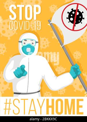 Vektor-Motivationsillustration mit Arzt im Schutzanzug mit Gesichtsmaske mit Fahne mit Symbol Stop Coronavirus auf orangefarbenem Hintergrund. Stock Vektor