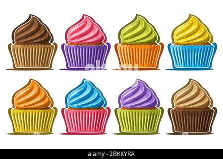 Vektor-Set von assortierten Cupcakes, Lot-Sammlung von 8 ausgeschnittenen Illustrationen von verschiedenen bunten Cupcakes oder Cup Cakes in einer Reihe, Set von vielen Delikatesse BA Stock Vektor