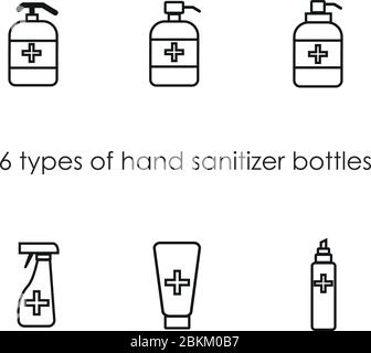 Sechs Arten von Handdesinfektionsflaschen Linie Icon flaches Design Stock Vektor