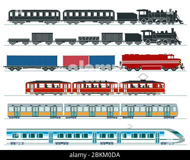 Personenzüge. U-Bahn, Hochgeschwindigkeitszüge, Dampfzug. Vektorgrafik Stock Vektor