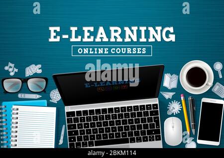 E-Learning Online-Vektorbanner für die Ausbildung. E-Learning Online-Kurse Text mit Laptop-Computer-Geräte und Schulelemente in Schreibtisch für Home-Studium Stock Vektor