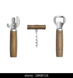 Set realistische verschiedene Öffner Flaschenverschluss isoliert auf weißem Hintergrund. Element Pub und Küche Inventar, Vektor-Illustration. Stock Vektor