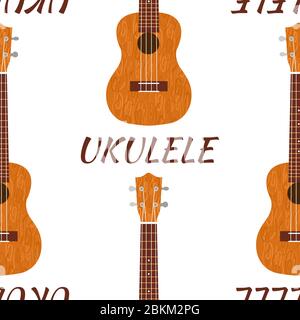 Ukulele Hawaiianische Gitarre. Aus braunem Holz. Realistische Vektordarstellung. Nahtloses Muster. Wort Ukulele Stock Vektor