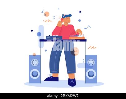 Cartoon männlichen dj machen Musik am Plattenspieler Mixer Vektor flache Illustration Stock Vektor