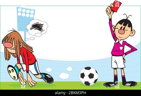 Vektorgrafik mit Spielern und Schiedsrichter auf dem Fußballfeld, im Hintergrund des Stadions. Illustration im Cartoon-Stil gemacht. Stock Vektor