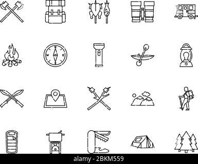 Camping Icon Collection Outline Style Pixel perfekte Ikone Stock Vektor