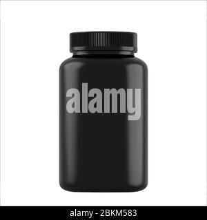 Realistische Mock-up schwarze Flaschen für Drogen, Tabletten. 3d Kunststoff blank medizinische Behälter isoliert auf weißem Hintergrund. Vektorgrafik Stock Vektor