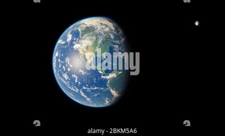 Nordamerika aus dem All bei Tag - Kanada, Vereinigte Staaten von Amerika und Mexiko - Planet Erde und Mond - der blaue Marmor - 3D Illustration Stockfoto