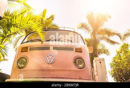 Ein rosa VW Wohnmobil neben Palmen geparkt Stockfoto