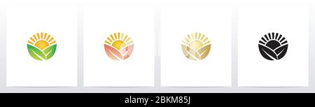 Design Mit Blättern Und Sonnenlogo Stock Vektor