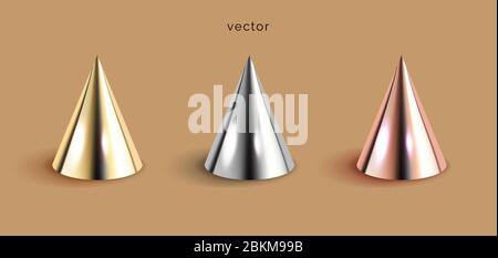 Set von Kegeln Silber, Rosa oder Roségold und goldenen Kegeln 3D geometrischen Formen, brauner Hintergrund. Abstraktes Formrendering aus glänzendem Metall. Realistischer Vektor Stock Vektor