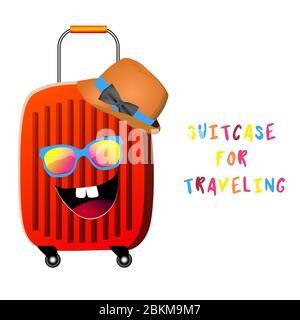 Tourismus Poster Konzept Frontansicht Zeit zu reisen mit 3D rote Reisetasche und realistische Reiseelement Elemente. Vektorgrafik. Stock Vektor