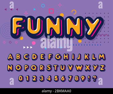 Farbschriftart. Lustige Buchstaben und Zahlen gesetzt. Verspieltes Alphabet. Retro ABC für Party, Disco, Schule und Spaß Stock Vektor