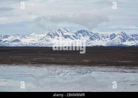 Blick auf die Alaska Range Berge, die sich in einem See spiegeln, vom Denali Highway, Alaska, USA aus gesehen. Stockfoto