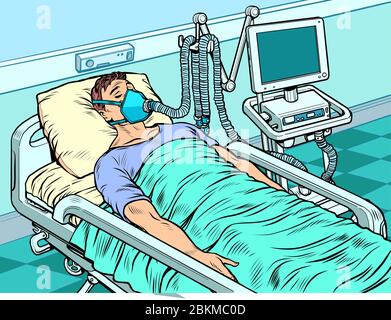 Medizinische Beatmungsmaschine. Schwere Patienten in der Intensivstation. Die Epidemie des Coronavirus, Lungenentzündung Stock Vektor