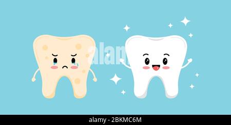 Niedliche weiße Zahn und Zahn mit gelben Fleck Plakette vor, nach Symbol gesetzt. Stock Vektor