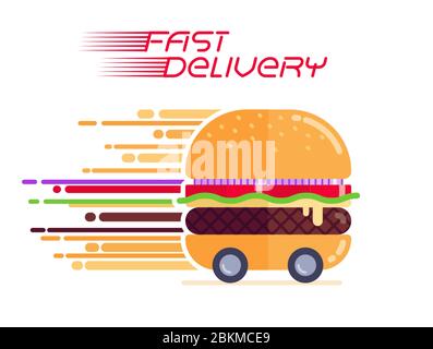 Big Barbecue Burger oder Cheeseburger schnell vorwärts, Food Delivery Konzept, flaches Design Illustration Stock Vektor