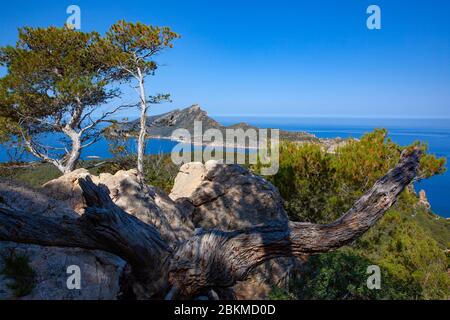 Blick auf Dragonera von Reserva Biológica de la Trapa, Sant Elm, Mallorca, Balearen, Spanien Stockfoto