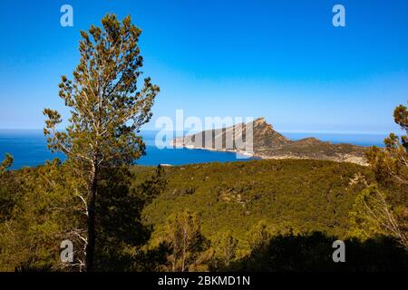 Blick auf Dragonera von Reserva Biológica de la Trapa, Sant Elm, Mallorca, Balearen, Spanien Stockfoto