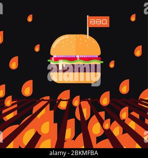 Großer Barbecue-Burger oder Cheeseburger mit kleiner Flagge über BBQ-Flamme auf schwarzem Hintergrund, flache Design-Illustration Stock Vektor