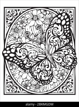 Ein Schmetterling über floralen Motiven mit ornamentalem ovalem Rahmen auf weißem Hintergrund Stock Vektor