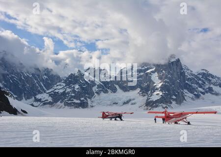 Eine Rundflug-Tour mit kleinem Flugzeug, die von Fly Denali durchgeführt wird, landet auf dem Ruth Glacier im Sheldon Amphitheater im Denali Nationalpark in Alaska. Stockfoto