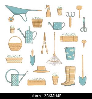 Symbol für Gartenarbeit. Sammlung von nützlichen Gartenbau Werkzeuge Spaten, Hut usw. Cartoon Vintage-Stil, Vektor-Illustration. Stock Vektor