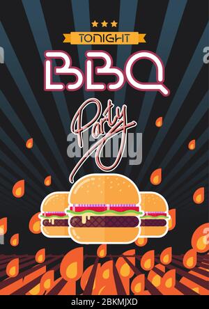 Schriftzug vintage Barbecue Party Poster mit Burger, Feuer, Grill, flaches Design Illustration Stock Vektor