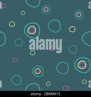 Kreise im Raum Spaß Punkte und Kreise auf dunklem teal Hintergrund nahtlose Wiederholung Vektor Muster Oberflächendesign Stock Vektor
