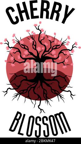 Schöne Ikone mit blühender Sakura und ihren Wurzeln im rosa und roten Kreis Stock Vektor