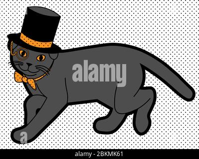 Nette Illustration von Walking schwarze Katze mit Monocle in den Zylinder und Fliege Stock Vektor