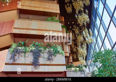 Riesiger Freiraum in einem Gebäude im Modernismus-Stil mit Fenster mit Blumen Stockfoto