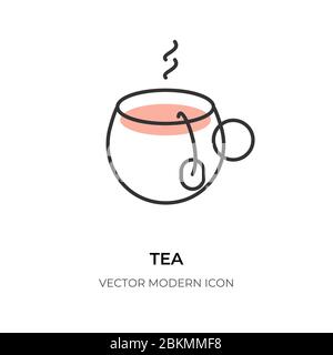 Symbol für eine flache Tasse mit heißem Tee. Kontur Emblem Logo Vorlage von traditionellen grünen Tee. Einfache Form von Glas Becher mit Teebeutel. Symbol Bio-Kräuter-Heißgetränk Nahaufnahme isoliert auf weißen Vektor-Illustration Stock Vektor
