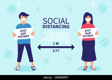 Soziale Distanzierung, die Distanz in der Öffentlichkeit halten, um die Ausbreitung des Corona-Virus zu verhindern und zu stoppen (COVID-19). Halten Sie Abstand, um COVID-19 zu schützen Stock Vektor
