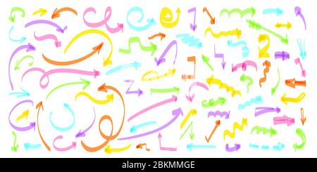 Farbige Linien mit handgezeichneten Linien. Cursorsymbole für die Skizzenkurve. Doodle links rechts unten Richtung Zeichen Sammlung. Wachstum des Unternehmens Grafik-Design-Element isoliert auf weißen Vektor-Illustration Stock Vektor